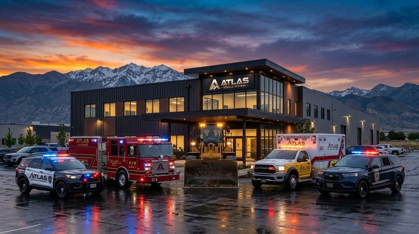 Atlas Vehicle Systems shop in Lindon, Utah with a patrol SUV, fire engine, loader, ambulance and police SUV in front